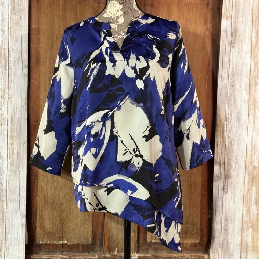 CHICO’S 1 Tunic Asymmetrical Blouse V-Neck Royal Blue Black and White